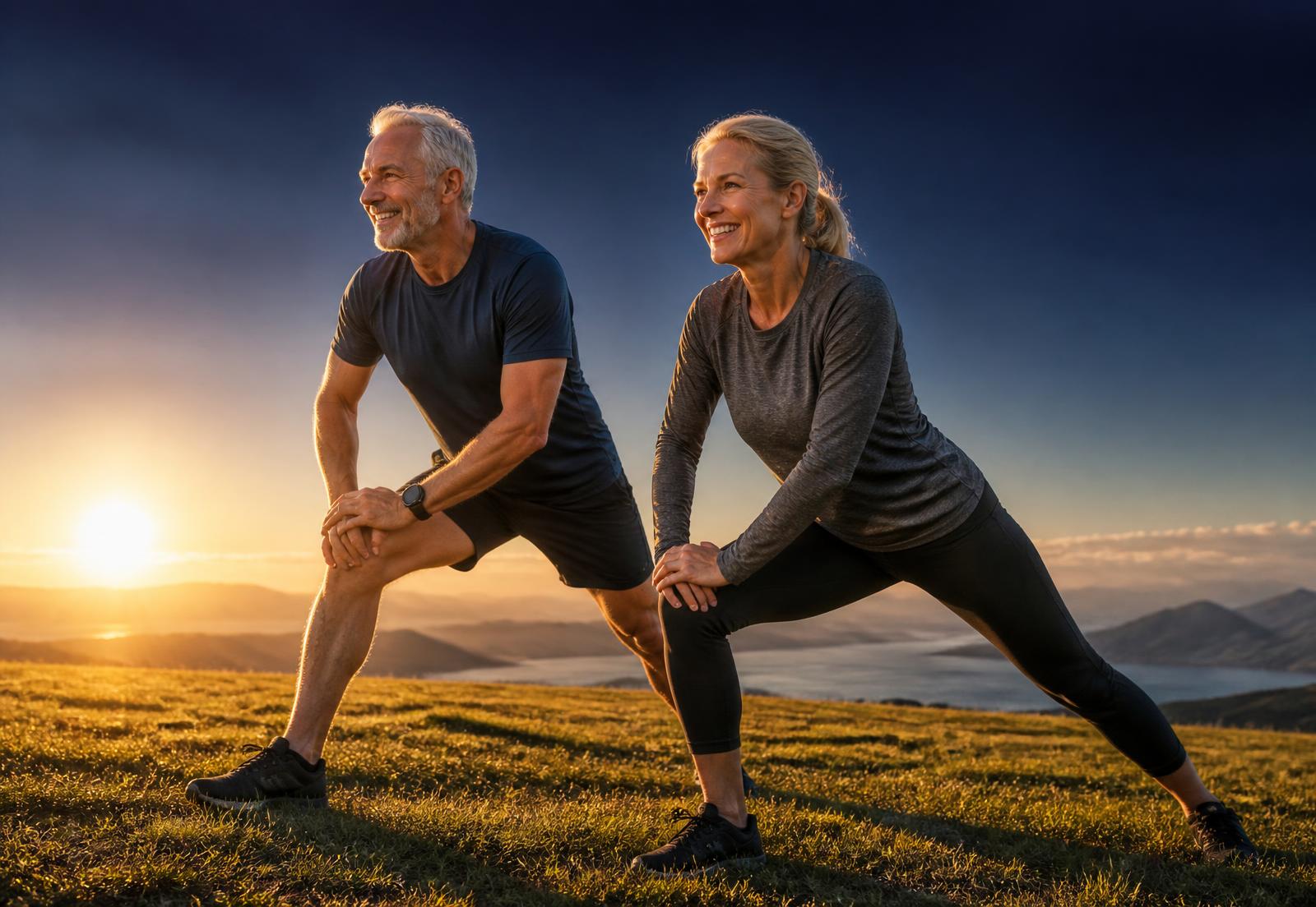 Active couple stretching outdoors in morning light